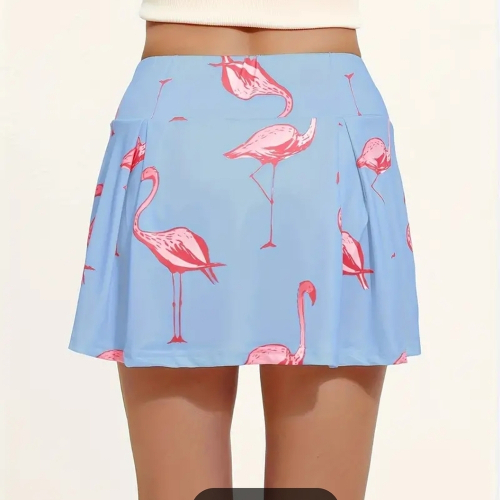 Delightful pink flamingos on baby blue background athleisure skort. Brand new L - Picture 5 of 5